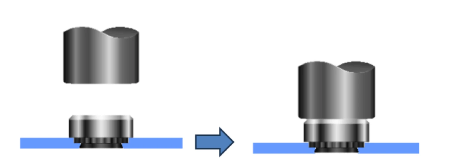 穴を開けた母材にセルファスナー（パイロット）を挿入し、ローレット部を圧入する。